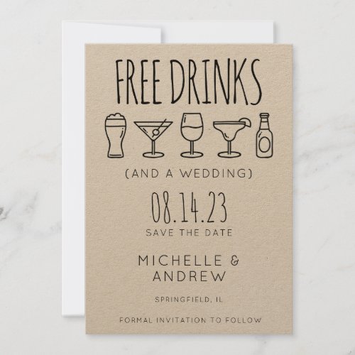 Free Drinks And A Wedding Save the Date Invitation
