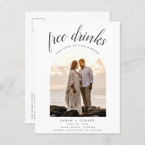 Free Drinks Arch Photo Beach Wedding Save The Date Announcement Postcard