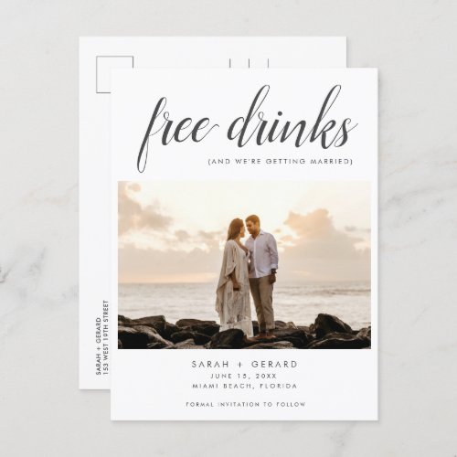 Free Drinks Beach Wedding Photo Save the Date Announcement Postcard