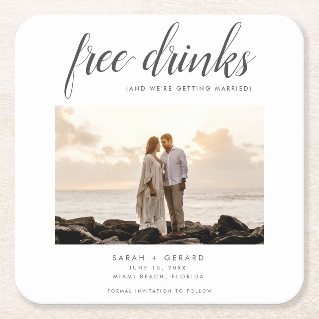 Free Drinks Beach Wedding Photo Save The Date Square Paper Coaster (Front)