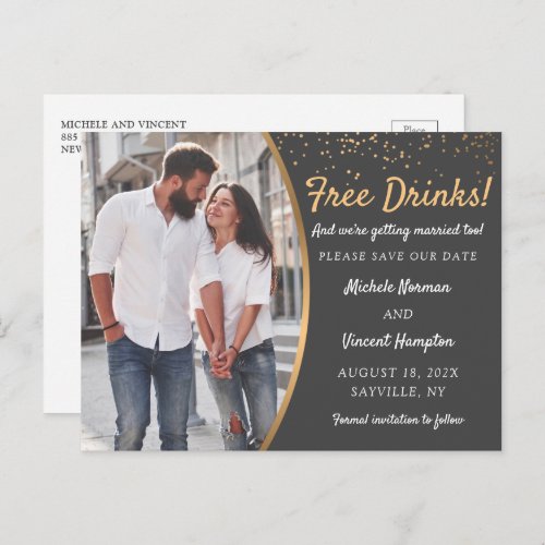 Free Drinks Black Gold Photo Casual Save The Date  Postcard