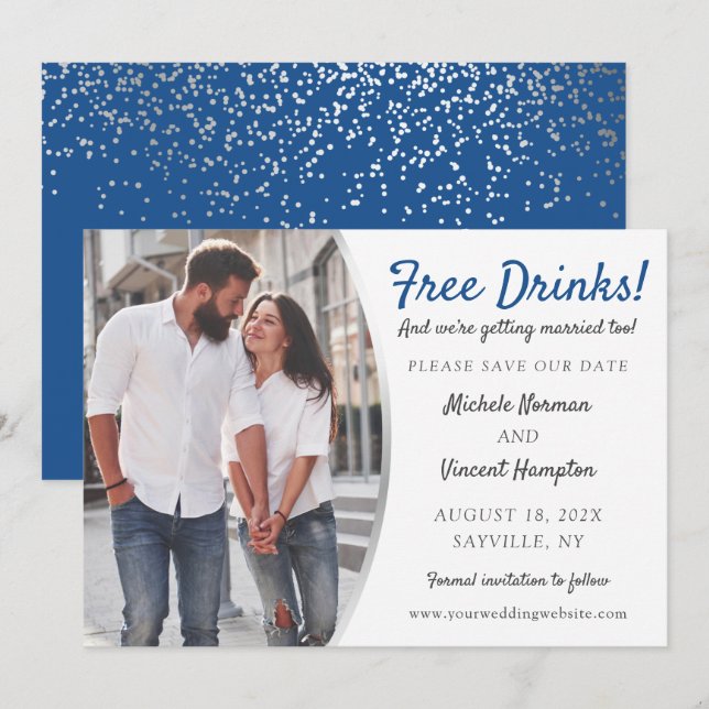 Free Drinks Blue Silver Photo Casual Save The Date (Front/Back)