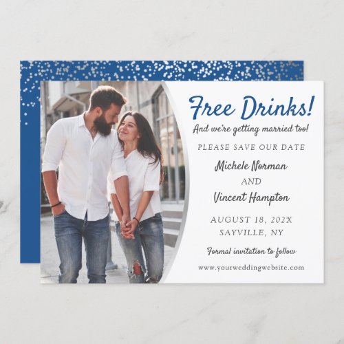 Free Drinks Blue Silver Photo Casual Save The Date