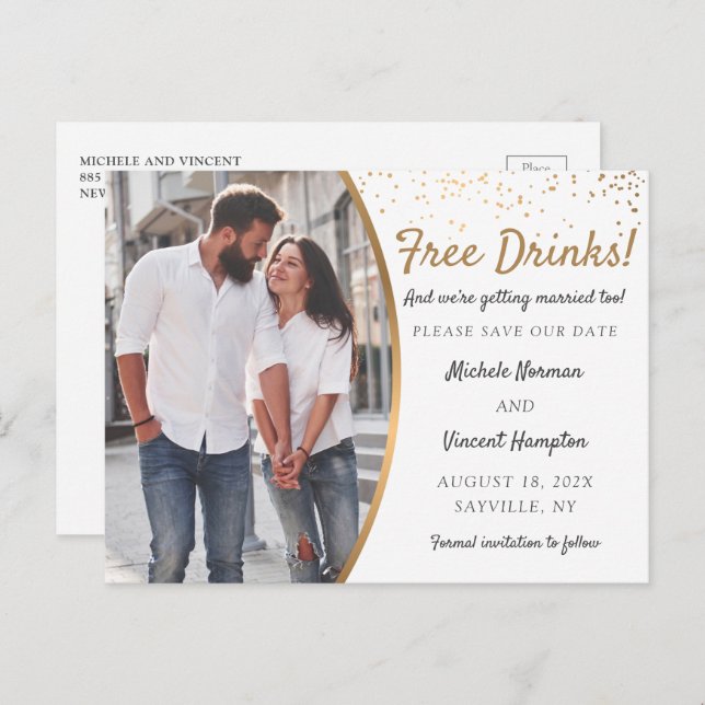Free Drinks! Casual Save The Date with Photo Postcard (Front/Back)