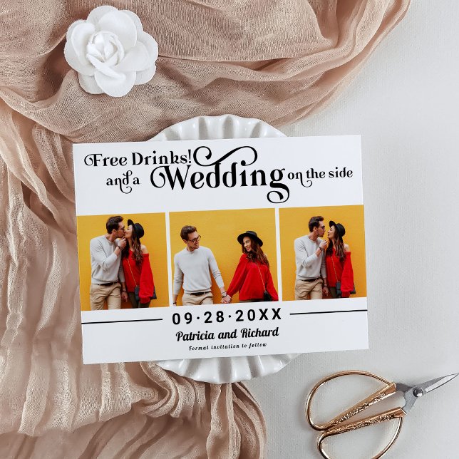 Free Drinks Casual Wedding Save The Date 3 Photo Postcard (Creator Uploaded)