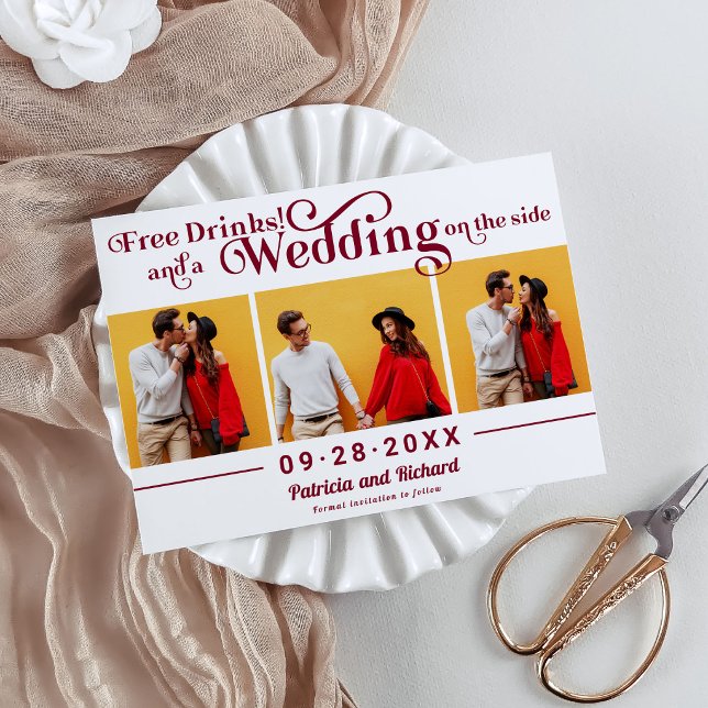 Free Drinks Casual Wedding Save The Date 3 Photo Postcard (Creator Uploaded)