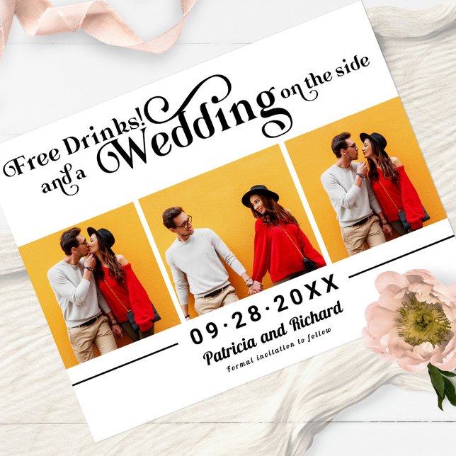 Free Drinks Casual Wedding Save The Date 3 Photo Postcard (Creator Uploaded)