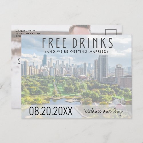 Free Drinks Chicago Skyline Wedding Save the Date Announcement Postcard
