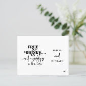 Free drinks funny casual wedding save the date announcement postcard (Standing Front)