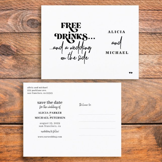 Free drinks funny casual wedding save the date announcement postcard