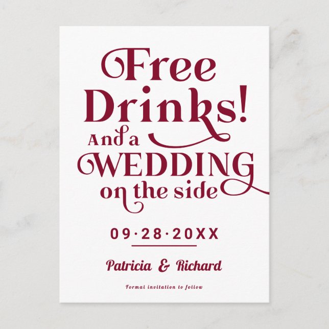 Free Drinks Funny Casual Wedding Save The Date Postcard (Front)