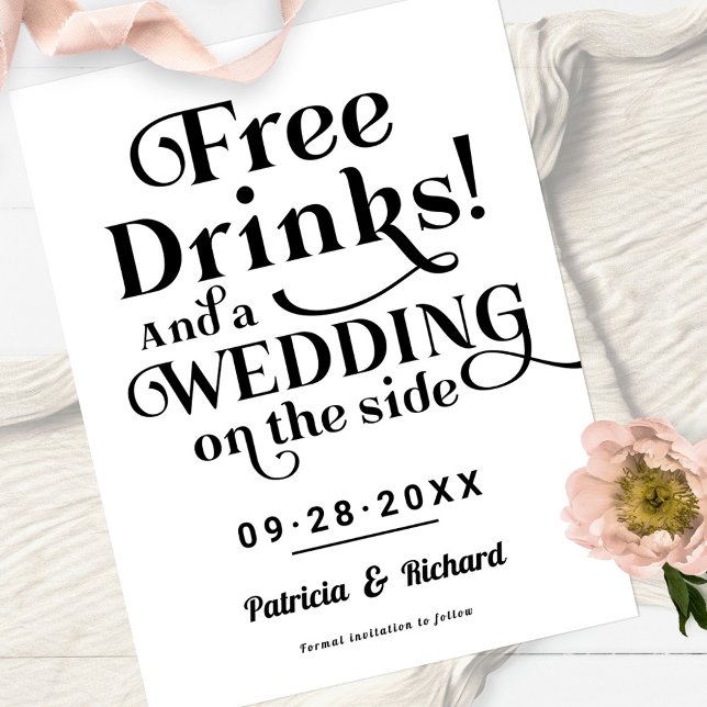 Free Drinks Funny Casual Wedding Save The Date Postcard (Creator Uploaded)