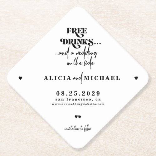 Free drinks funny modern wedding save the date paper coaster