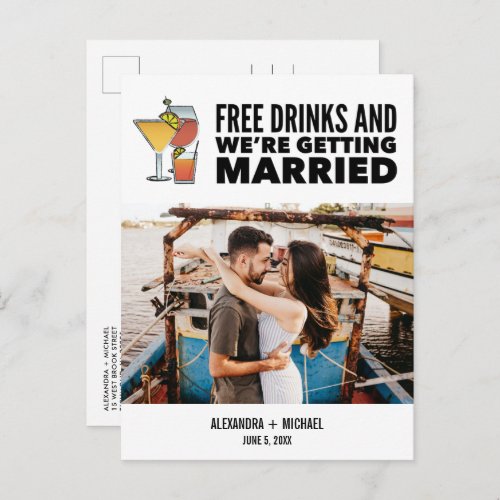 Free Drinks Funny Photo Modern Save the Date Announcement Postcard