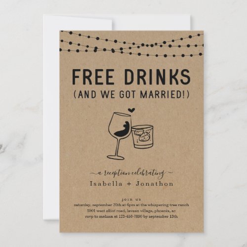 Free Drinks Funny Reception Only Invitation - Free Drinks (And We Got Married!)  Funny invitation wording for a fun reception.  The toast artwork is hand-drawn on a wonderfully rustic kraft background.

Coordinating RSVP, Details, Registry, Thank You cards and other items are available in the 'Rustic Brewery / Winery Line Art' Collection within my store.