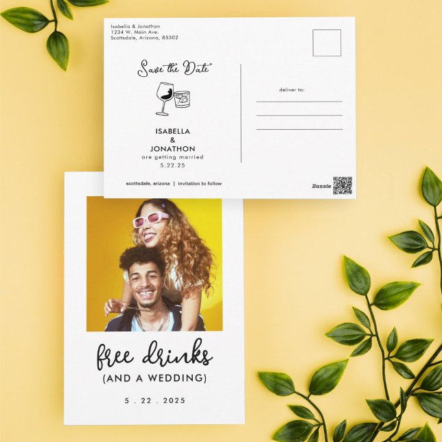 Free Drinks Funny Save the Date Photo Postcard (Creator Uploaded)