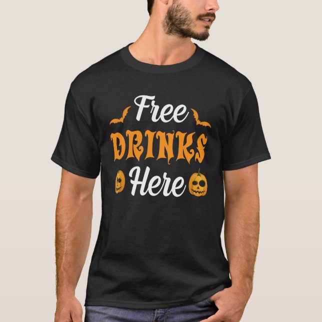 Free Drinks Here Funny Pumpkin Scary Bat Halloween T-Shirt (Front)