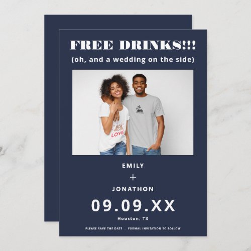 Free Drinks Photo Casual Navy White Save The Date