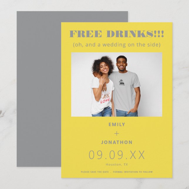 Free Drinks Photo Casual Yellow Gray Save The Date (Front/Back)