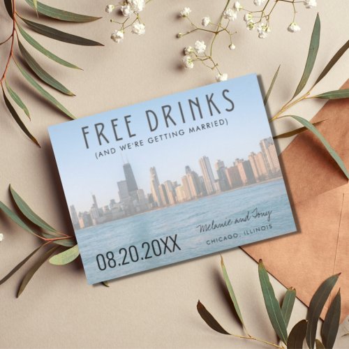 Free Drinks Photo Chicago Wedding Save the Date Announcement Postcard