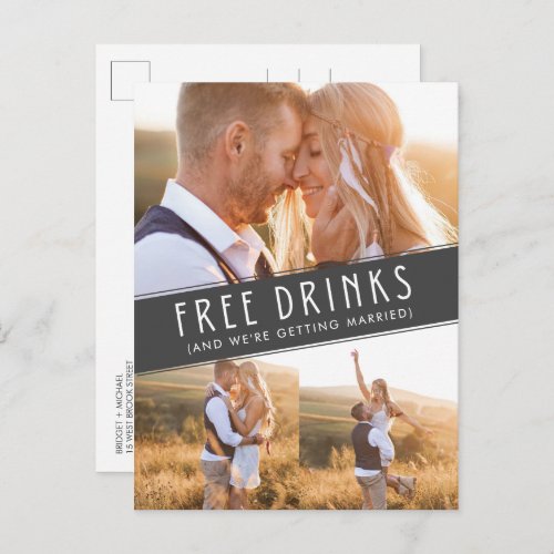 Free Drinks Photo Collage Wedding Save the Date Announcement Postcard