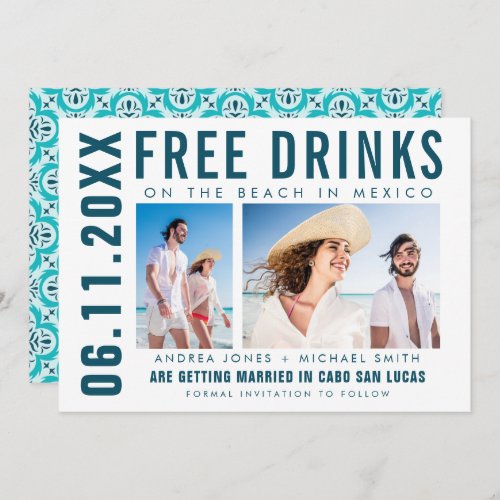 Free Drinks Photo Mexico Beach Wedding Announcement