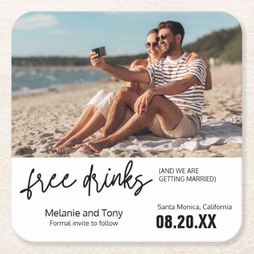 Free Drinks Photo Unique Save the Date  Square Paper Coaster