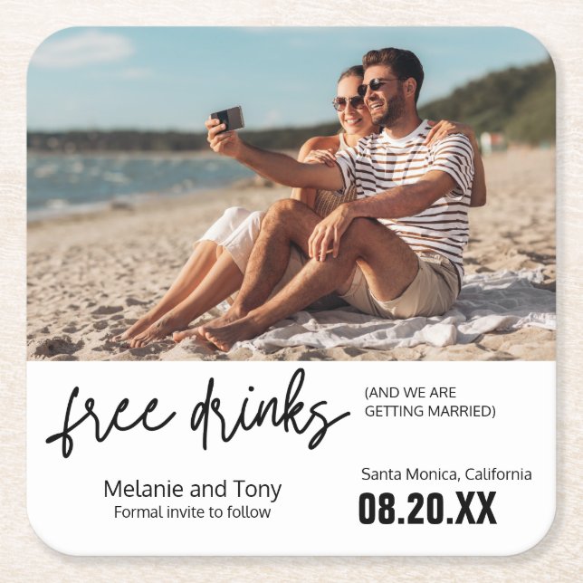 Free Drinks Photo Unique Save the Date  Square Paper Coaster (Front)