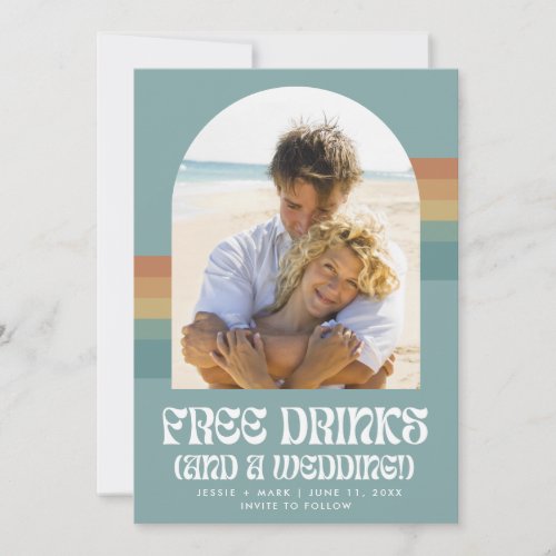 Free Drinks Retro Sunset Beach Wedding Save The Date