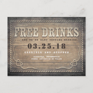Free Drinks   Rustic Wood Funny Save the Date Announcement Postcard
