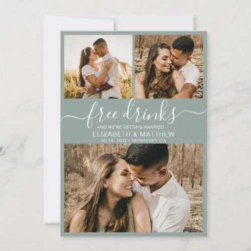 Free Drinks Script Photo Collage Green Wedding Save The Date