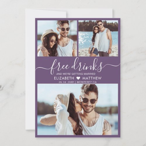 Free Drinks Script Purple 3 Photo Collage Wedding Save The Date