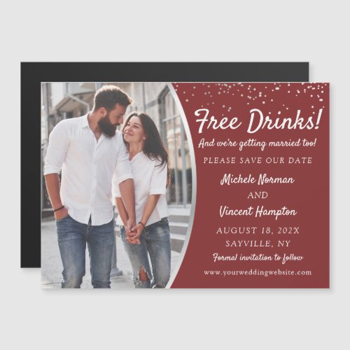 Free Drinks Silver Red Photo Save The Date Magnet