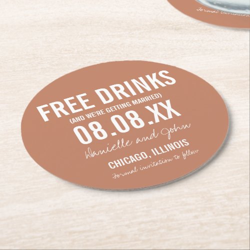 Free Drinks Terra Cotta Fall Wedding Save The Date Round Paper Coaster