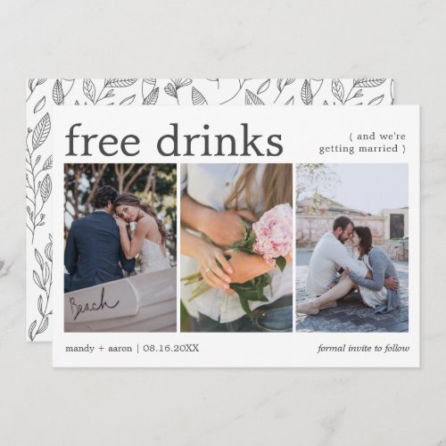 Free Drinks Three Photo Engagement Wedding Save The Date
