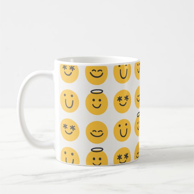 Free hand happy emoji seamless pattern. Positive e Coffee Mug (Left)
