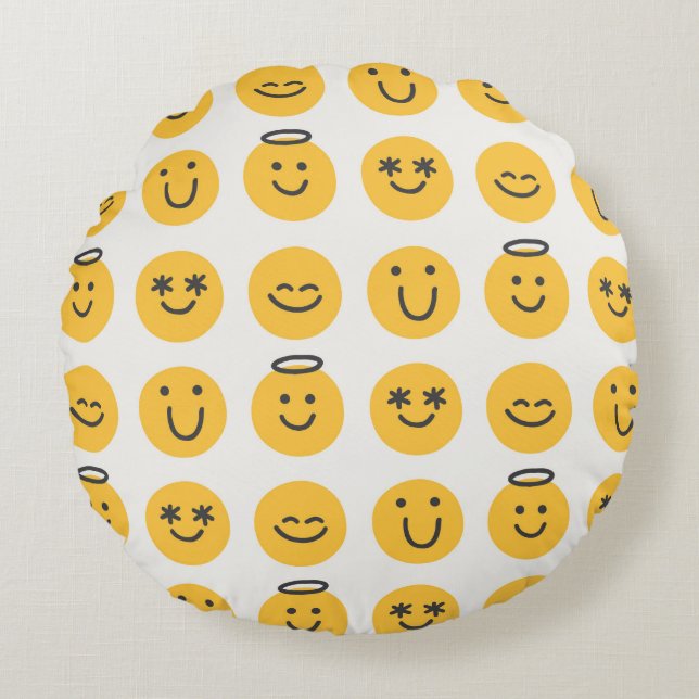 Free hand happy emoji seamless pattern. Positive e Round Pillow (Front)