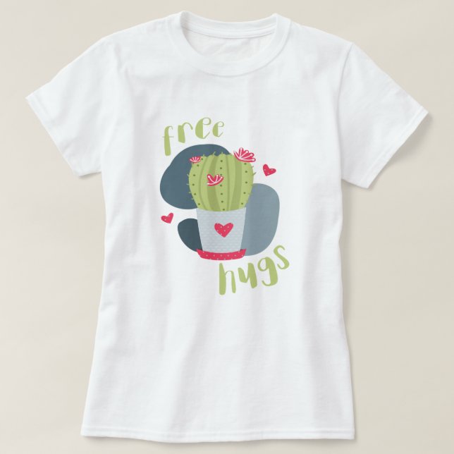 Free Hugs and Hearts Cactus T-Shirt (Design Front)