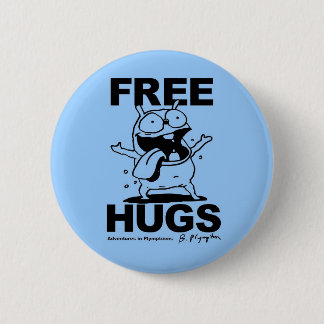 "Free Hugs" Bill Plympton Dog button blue