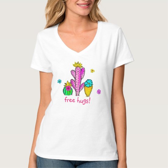Free Hugs Cactus Garden Watercolor Flowers Trendy T-Shirt