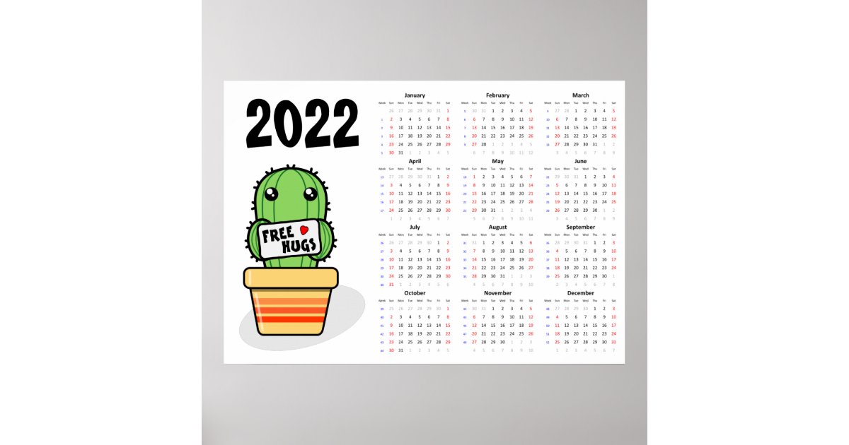Hug Calendar Free hugs Calendar 2022 Poster - Sunday start | Zazzle