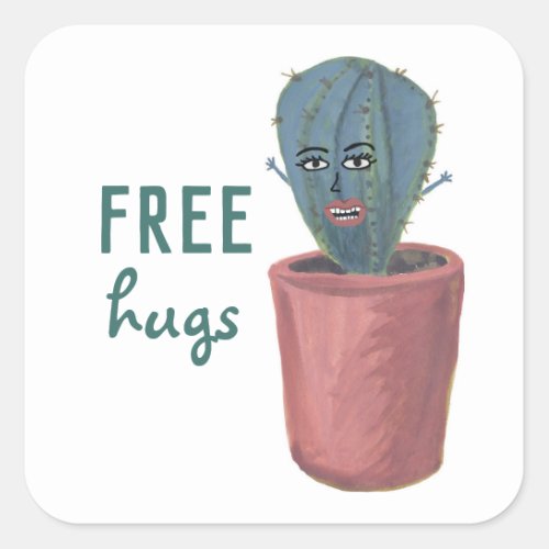 FREE HUGS CRAZY CACTUS LADY SQUARE STICKER