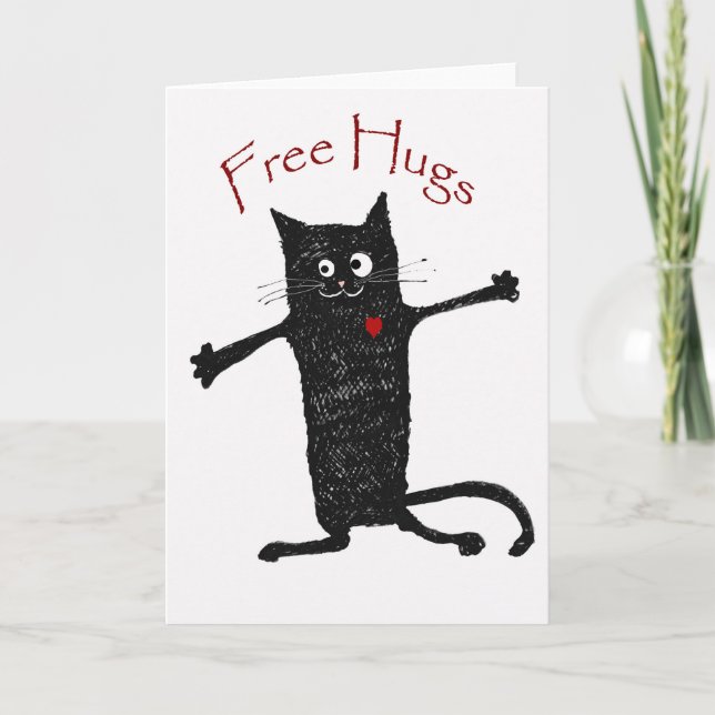 Free Hugs, crazy cat, humor and friendship. Card (Front)