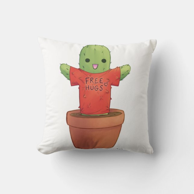FREE HUGS - Friendly Cactus Design Throw Pillow (Front)