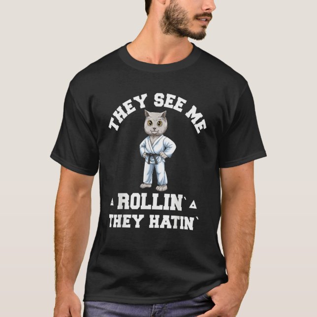 Free Jiu Jitsu Rollin   Cute BJJ Grappling Cat T-Shirt (Front)
