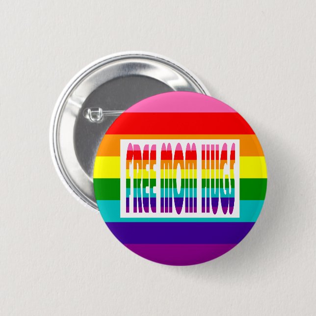 Free Mom Hugs Bright LGBT Rainbow Typography Button (Front & Back)