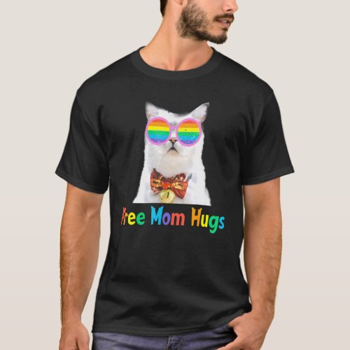 Free Mom Hugs Cute Cat Proud Ally Rainbow Glasses  T_Shirt