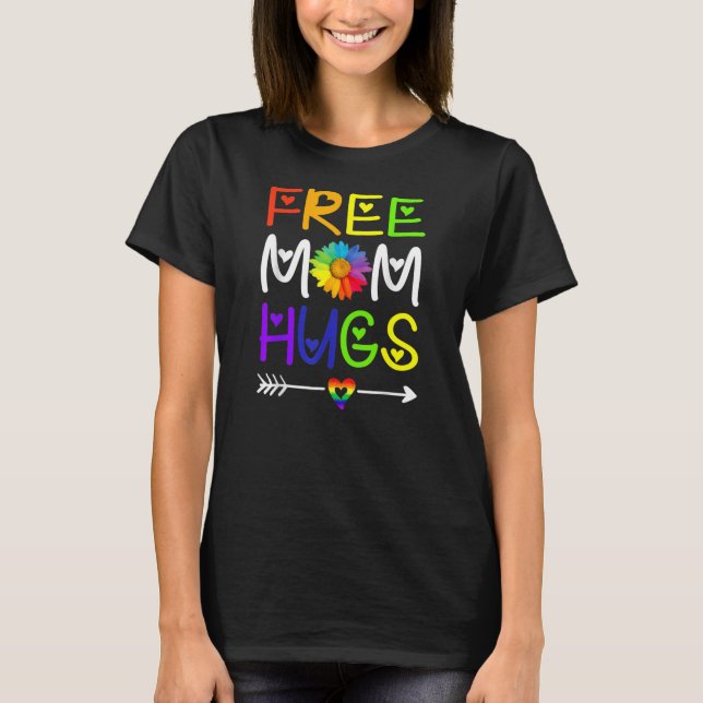 Free Mom Hugs Daisy Rainbow Heart LGBT Pride T-Shirt (Front)