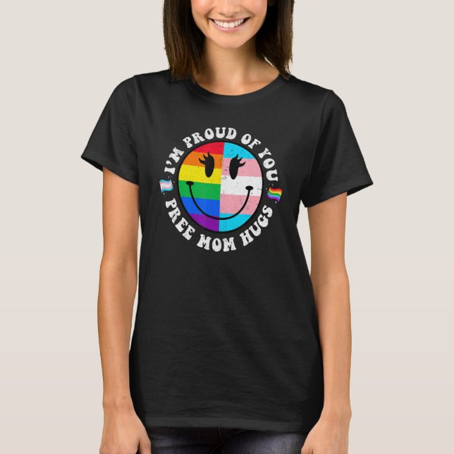 Free Mom Hugs Groovy Hippie Face LGBT Rainbow Tran T-Shirt (Front)