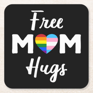 Free Mom Hugs II - Rainbow Gay Trans Pride Square Paper Coaster